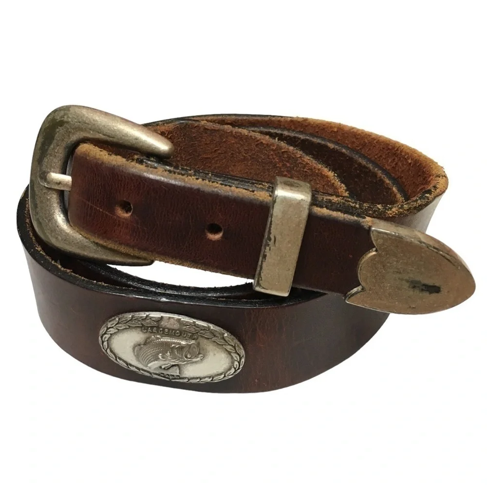 ORION LEATHER COMPANY Belt Largemouth Bass Concho Brown Antique Silver Finish